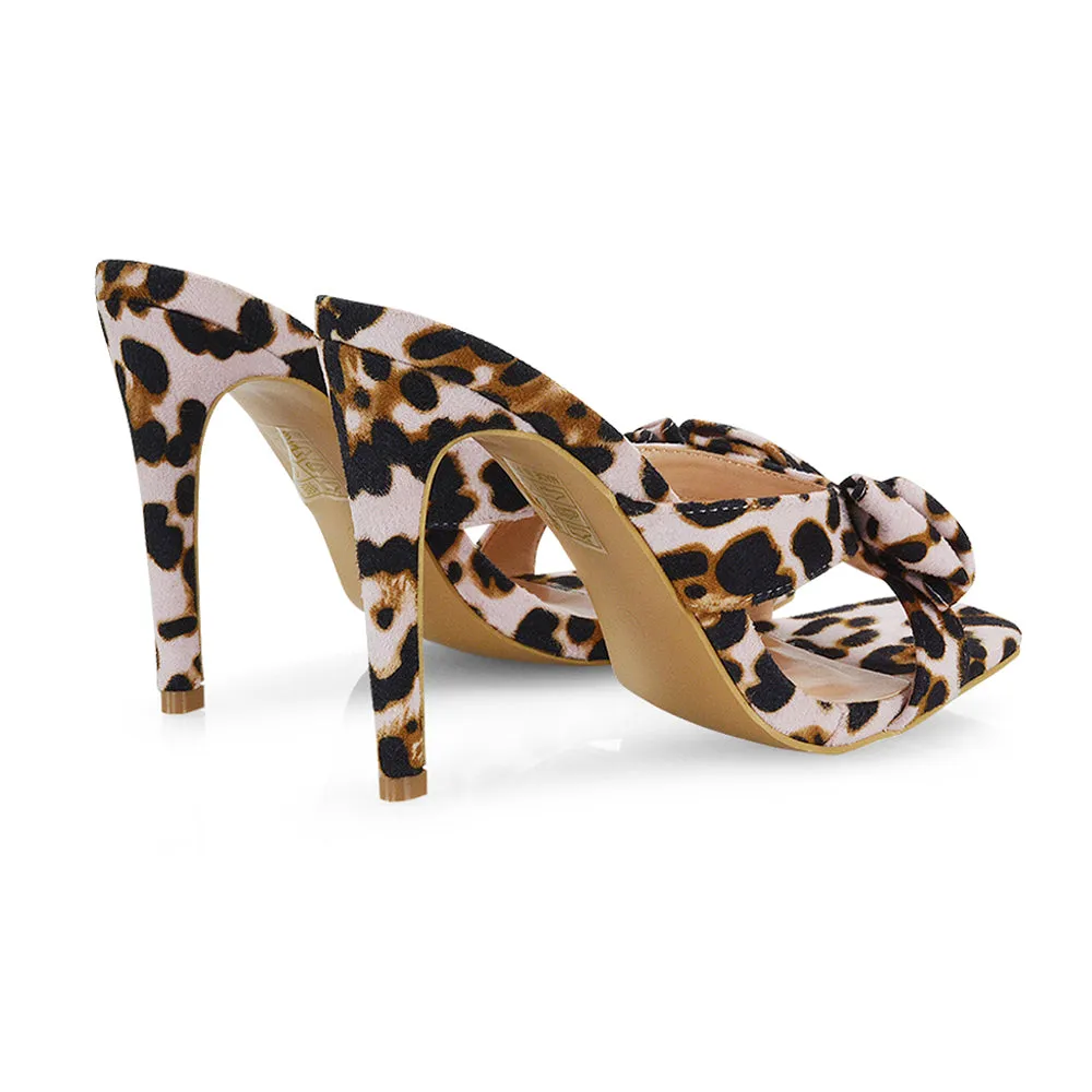 Larsa Bow Detail Square Toe Stiletto Slip on Mule Strappy Sandal Heels in Leopard