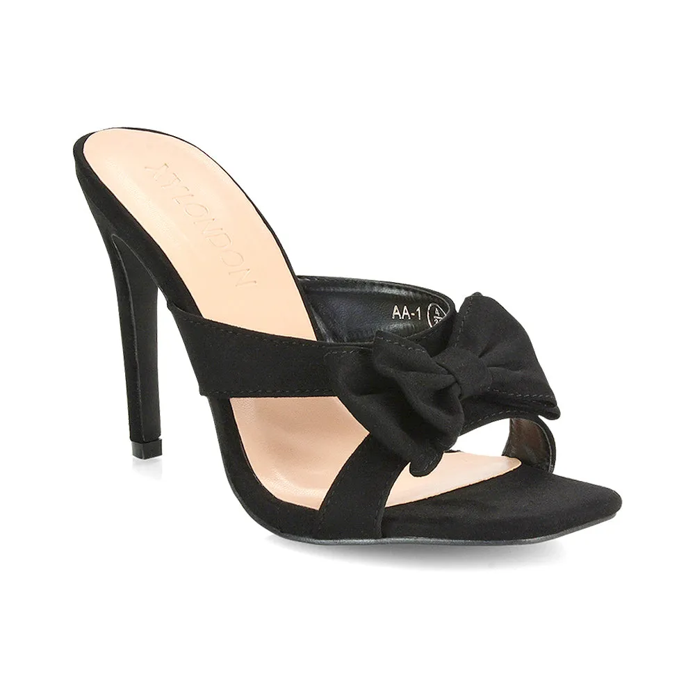 Larsa Bow Detail Square Toe Stiletto Slip on Mule Strappy Sandal Heels in Leopard