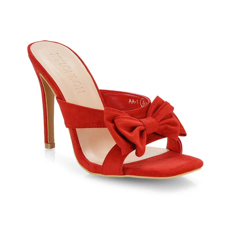 Larsa Bow Detail Square Toe Stiletto Slip on Mule Strappy Sandal Heels in Leopard