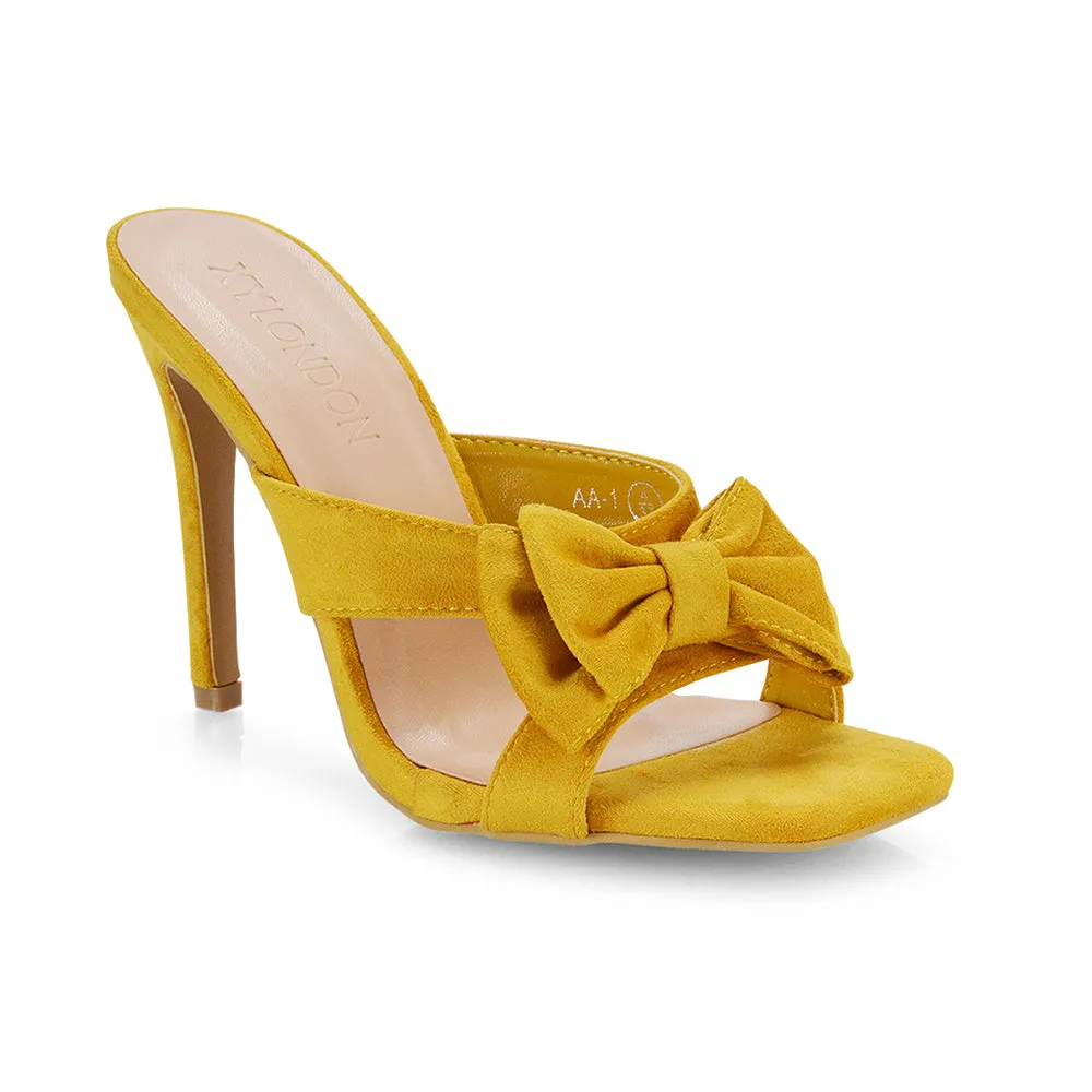 Larsa Bow Detail Square Toe Stiletto Slip on Mule Strappy Sandal Heels in Leopard