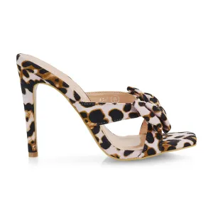 Larsa Bow Detail Square Toe Stiletto Slip on Mule Strappy Sandal Heels in Leopard
