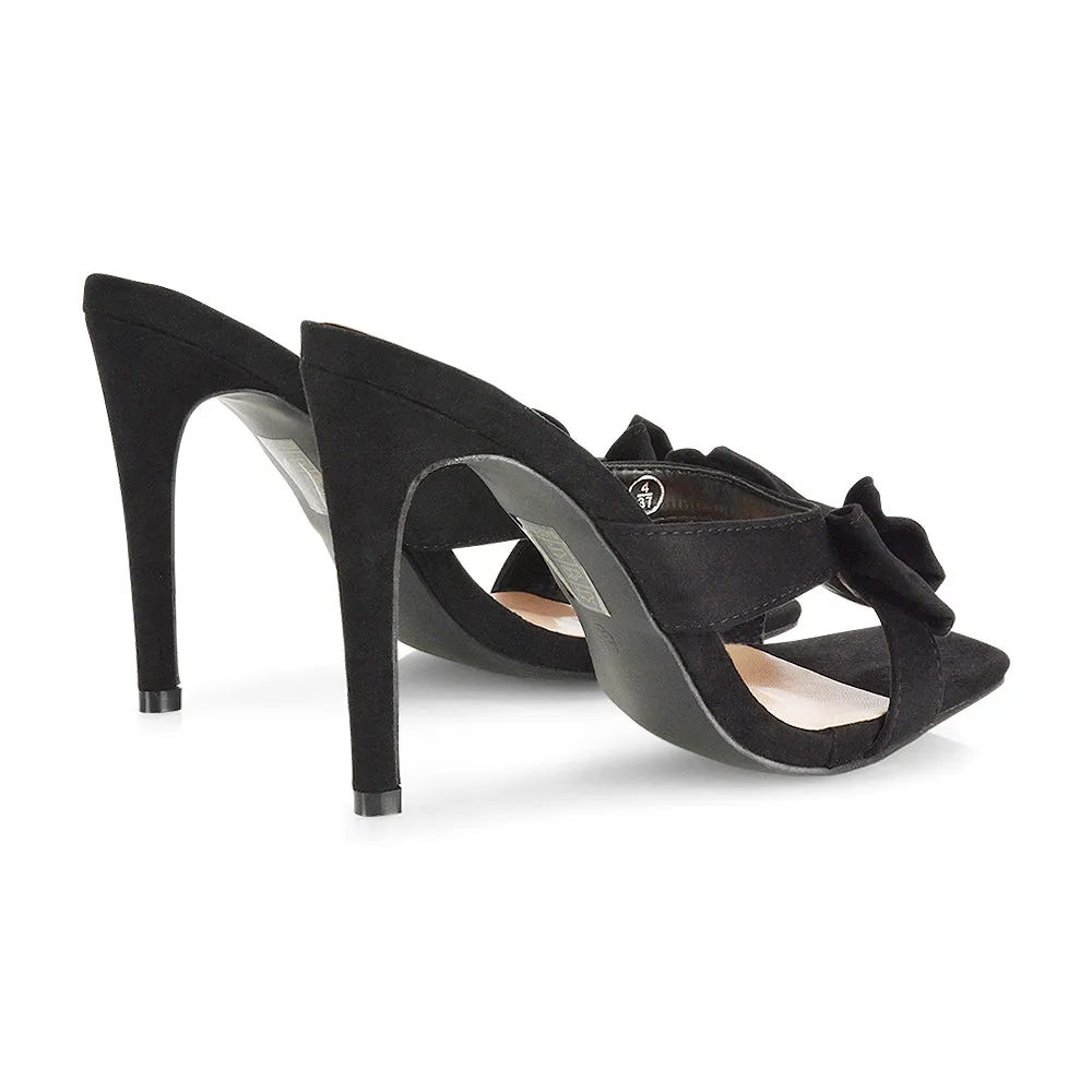 Larsa Bow Detail Square Toe Stiletto Slip on Mule Strappy Sandal Heels in Leopard