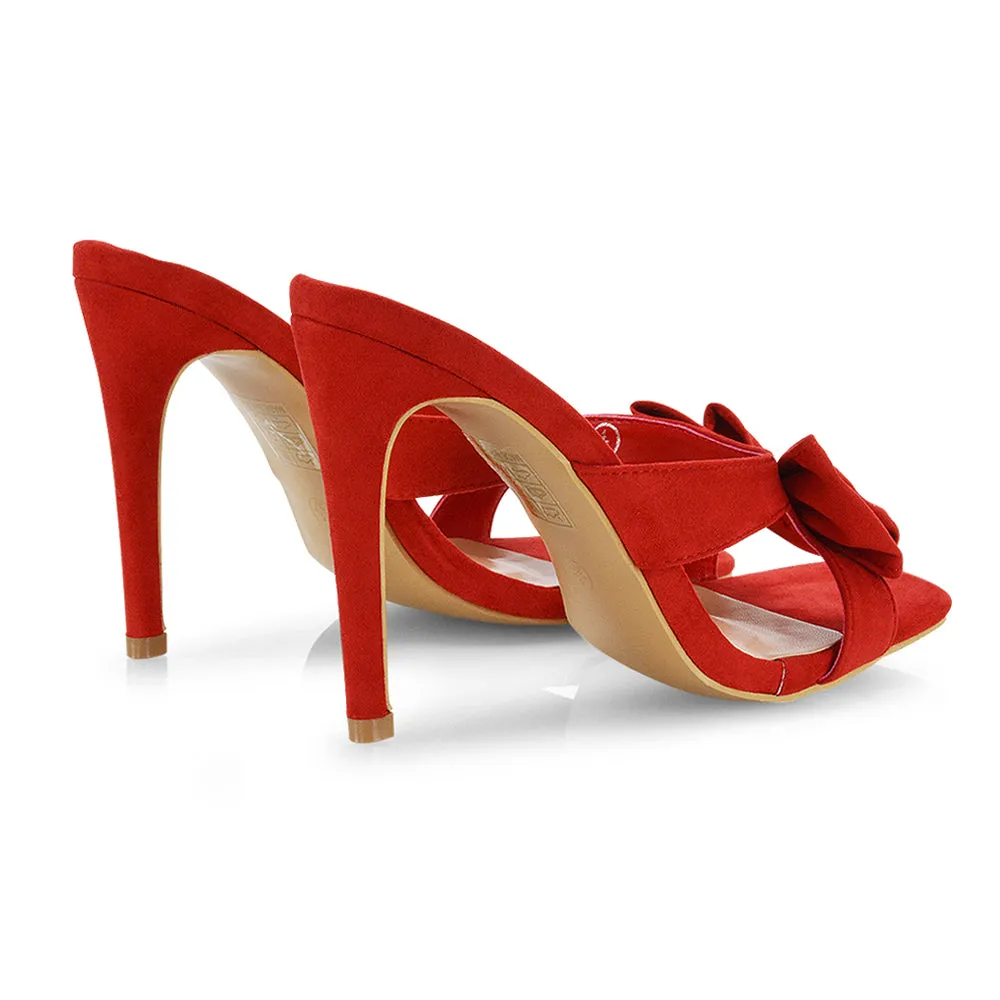 Larsa Bow Detail Square Toe Stiletto Slip on Mule Strappy Sandal Heels in Leopard