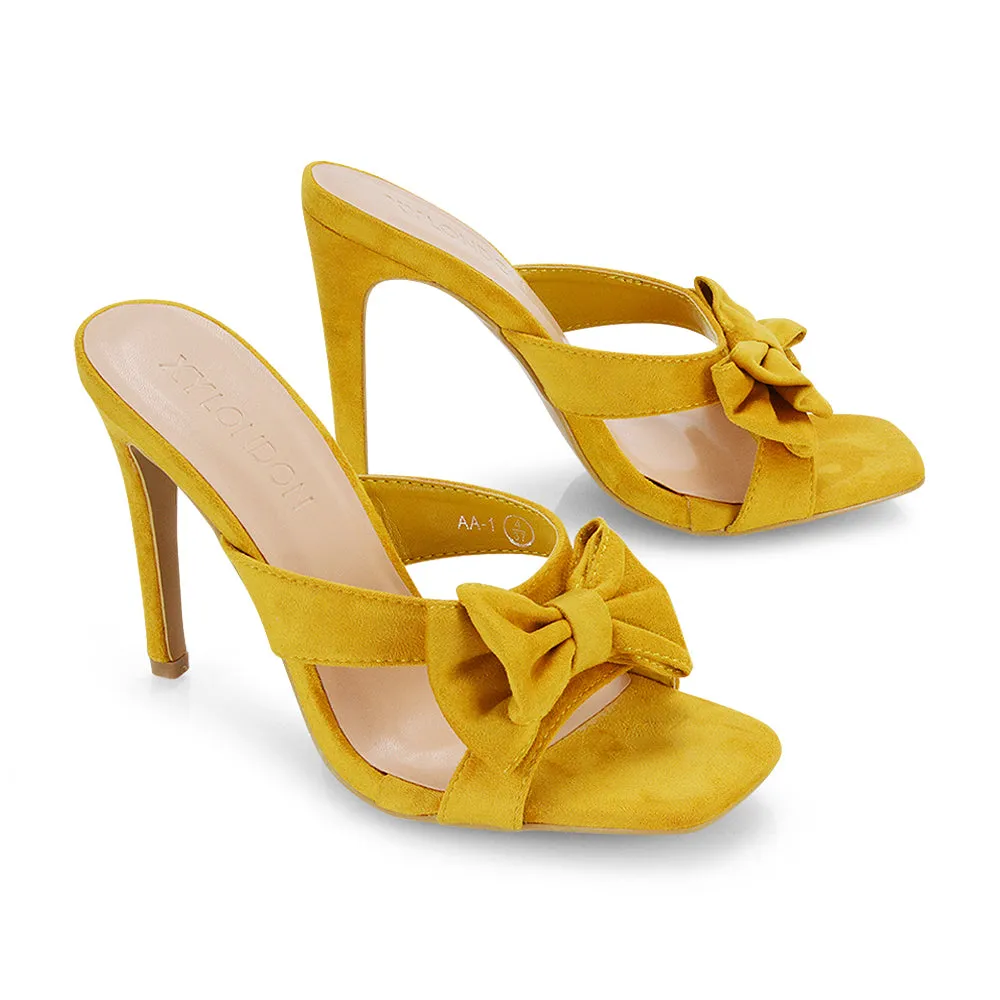 Larsa Bow Detail Square Toe Stiletto Slip on Mule Strappy Sandal Heels in Leopard