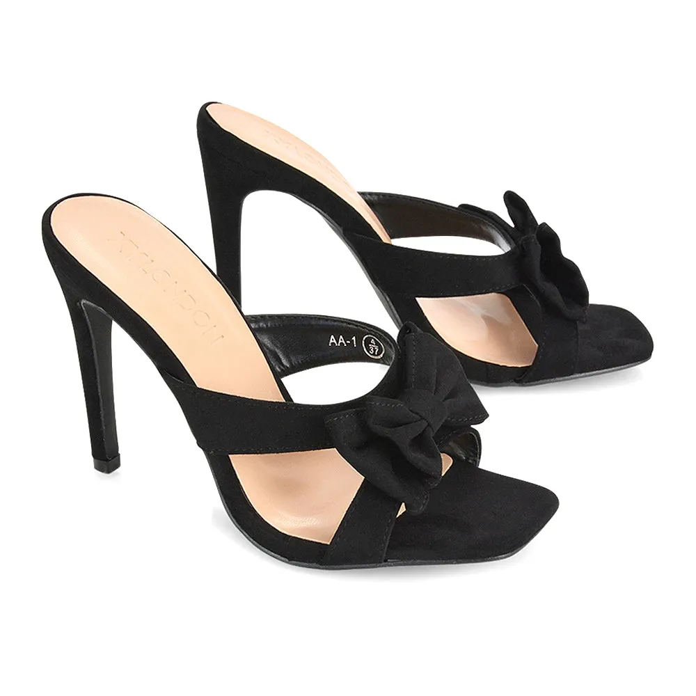Larsa Bow Detail Square Toe Stiletto Slip on Mule Strappy Sandal Heels in Leopard