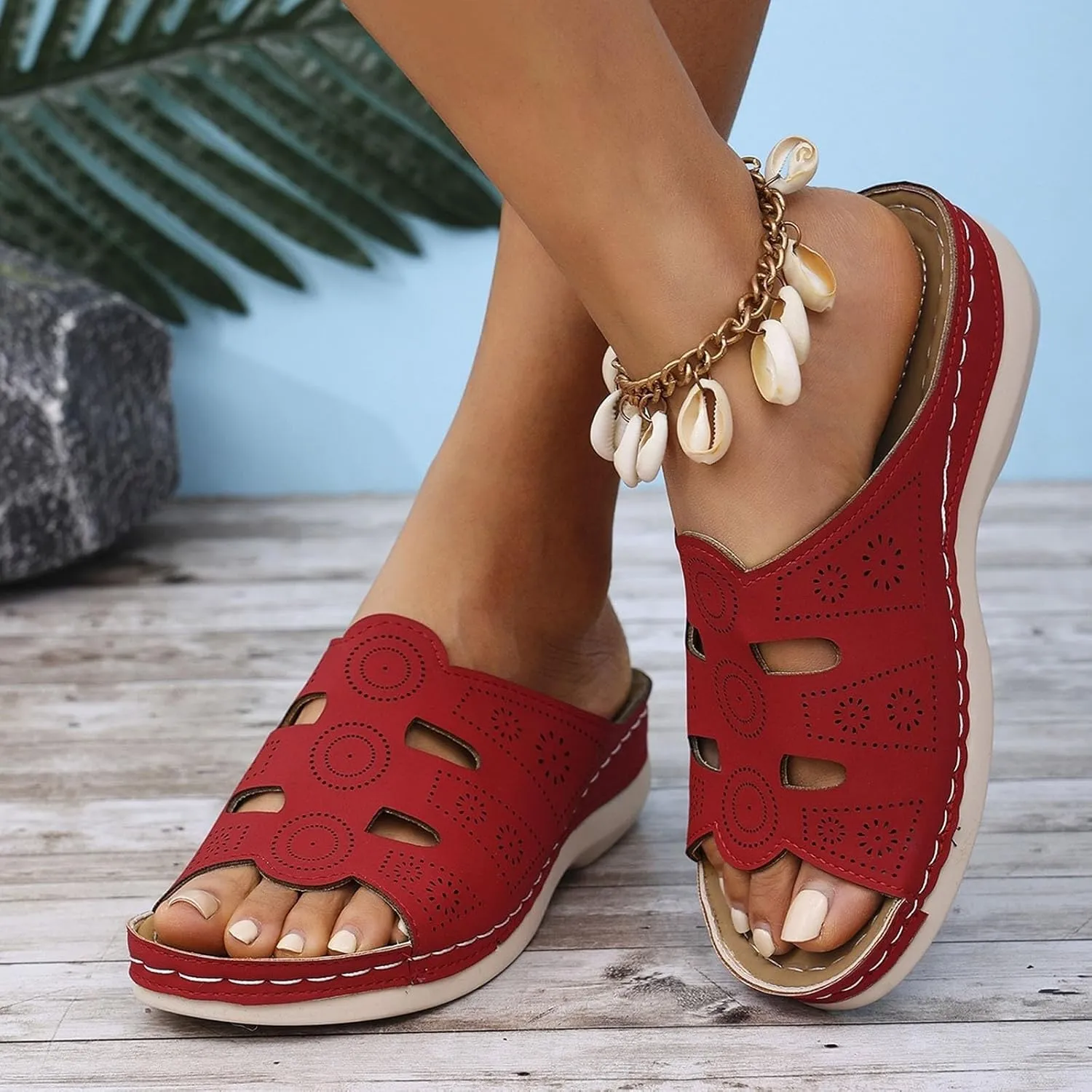 Low Wedge Sandals for Women Trendy Carved Floral Orthopedic Slippers, Open Toe Hollow Out Breathable Platform Sandals Comfortable Slip on Platform Walking Slippers