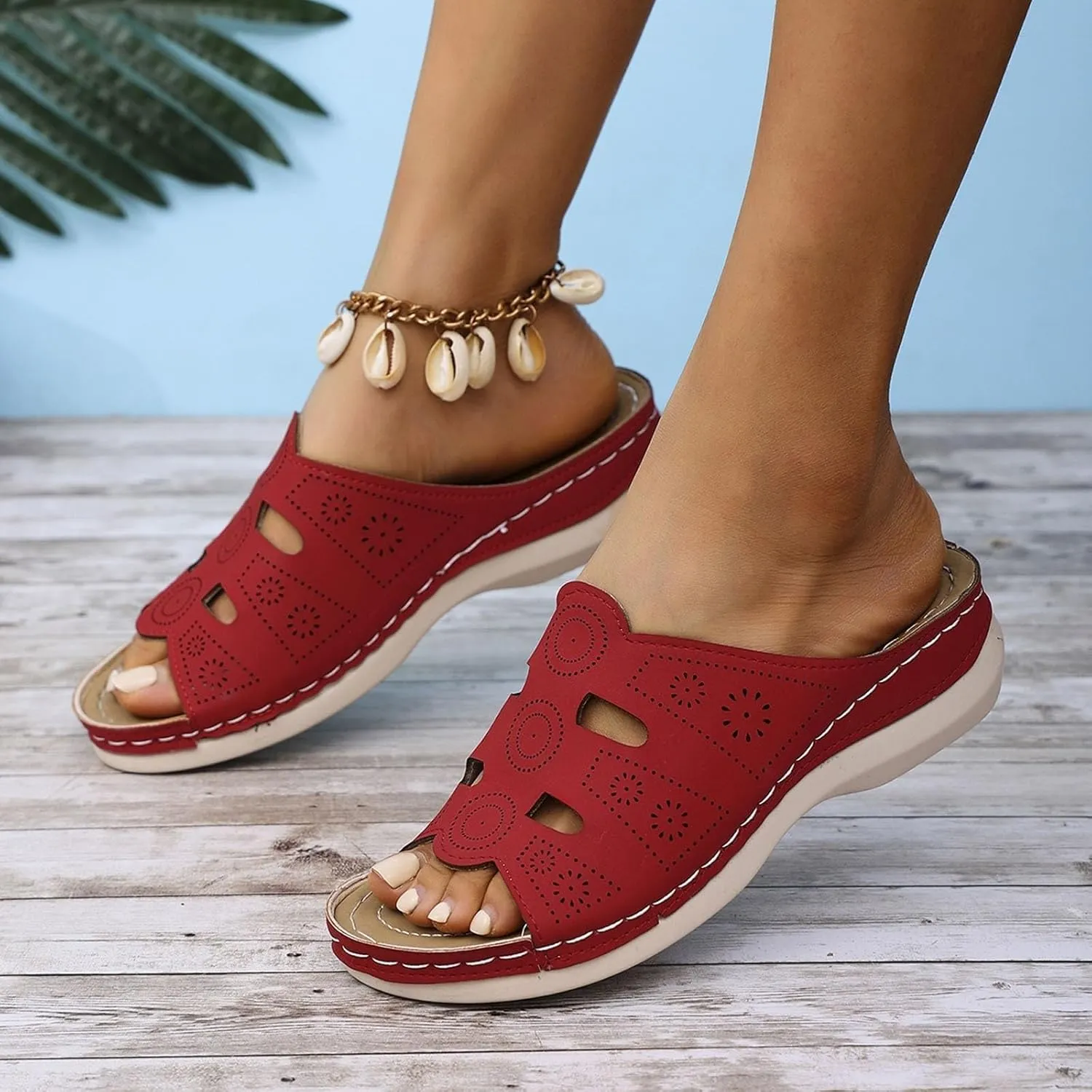 Low Wedge Sandals for Women Trendy Carved Floral Orthopedic Slippers, Open Toe Hollow Out Breathable Platform Sandals Comfortable Slip on Platform Walking Slippers