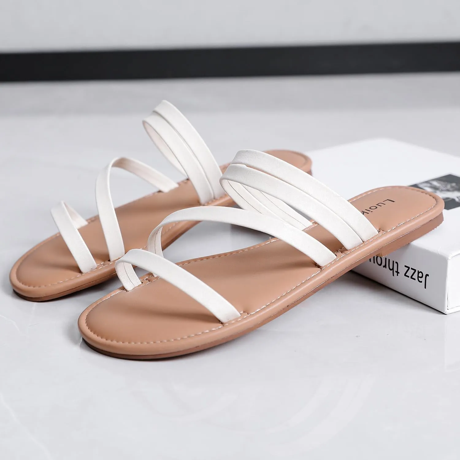 Luoika Women's Wide Width Flat Slides Sandals, Strapy Slide Sandal Slip on Dressy Summer Shoes for Women.