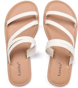 Luoika Women's Wide Width Flat Slides Sandals, Strapy Slide Sandal Slip on Dressy Summer Shoes for Women.
