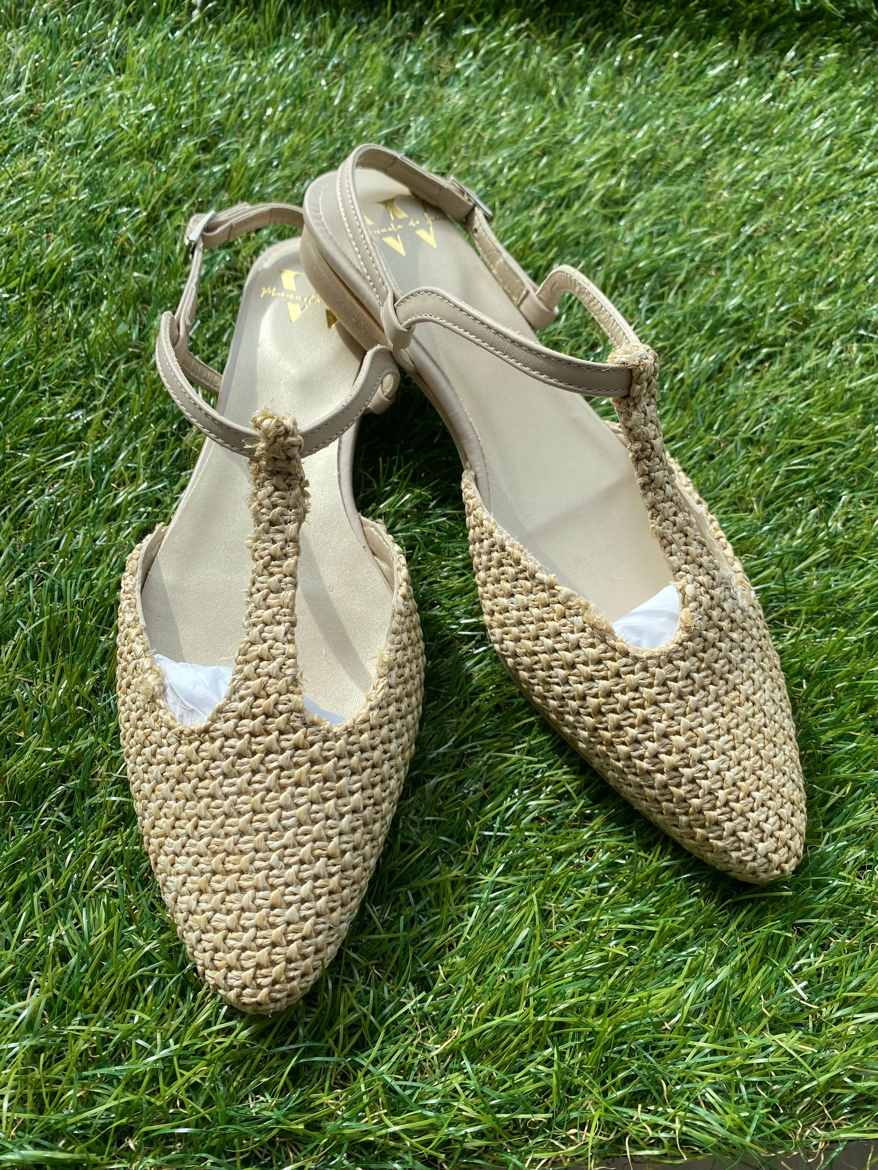 Manuela Beige Crochet Pointed T Strap