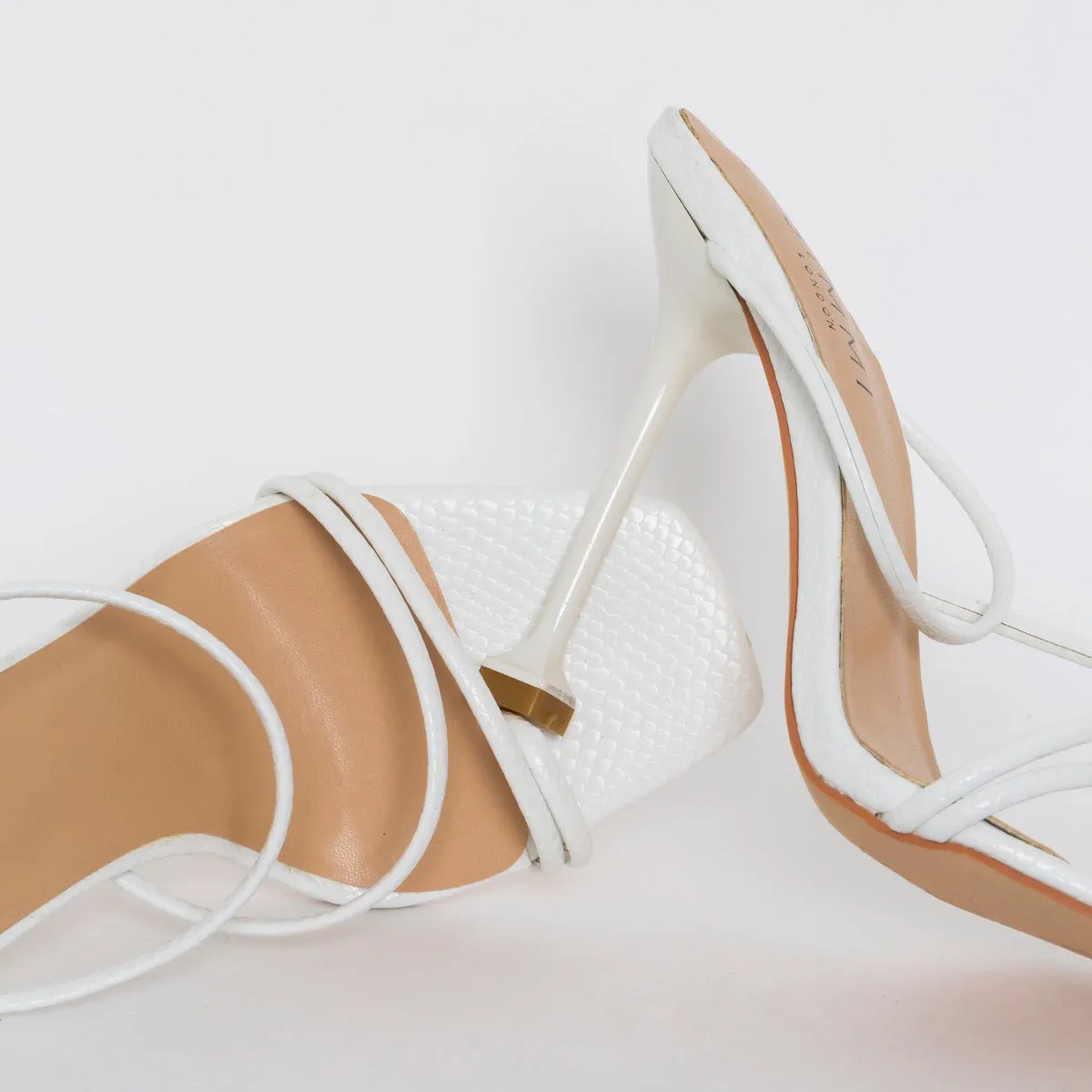 Mariana White Snake Print Strappy Mule Heels