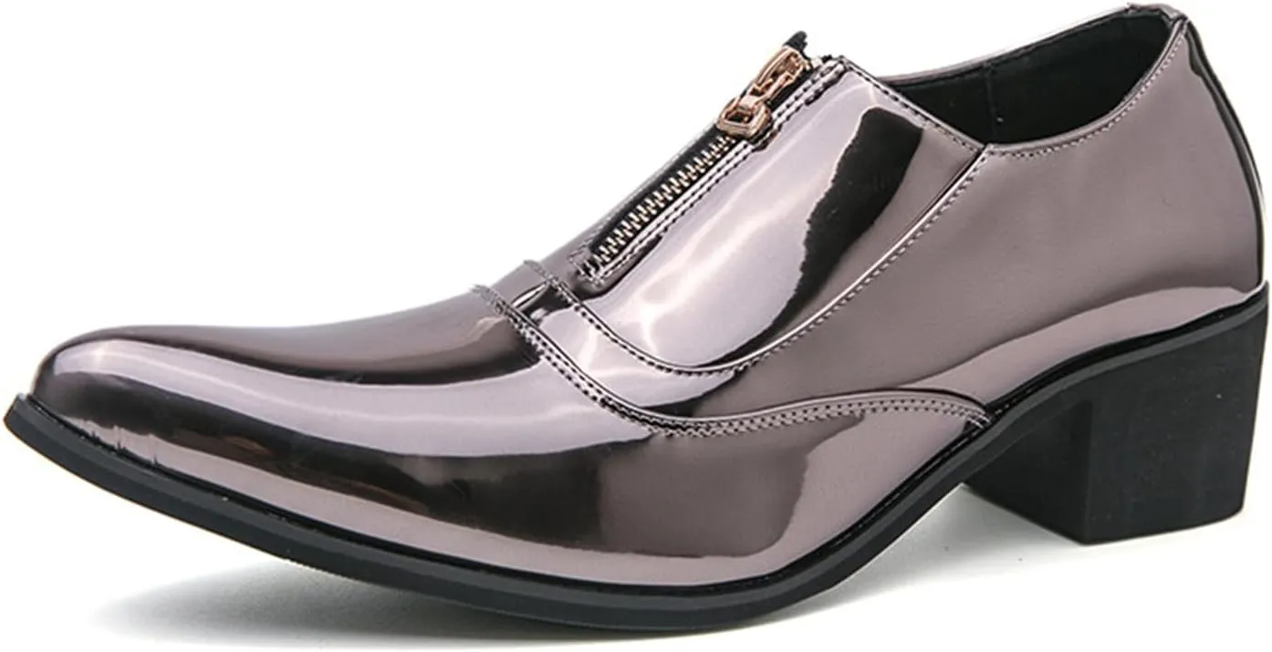 Men's Chunky Heels Patent Leather Dress Loafers with Front Zipper Luxury Wing Tip Tuxedo Formal Oxford Derby Shoes