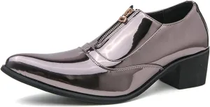 Men's Chunky Heels Patent Leather Dress Loafers with Front Zipper Luxury Wing Tip Tuxedo Formal Oxford Derby Shoes