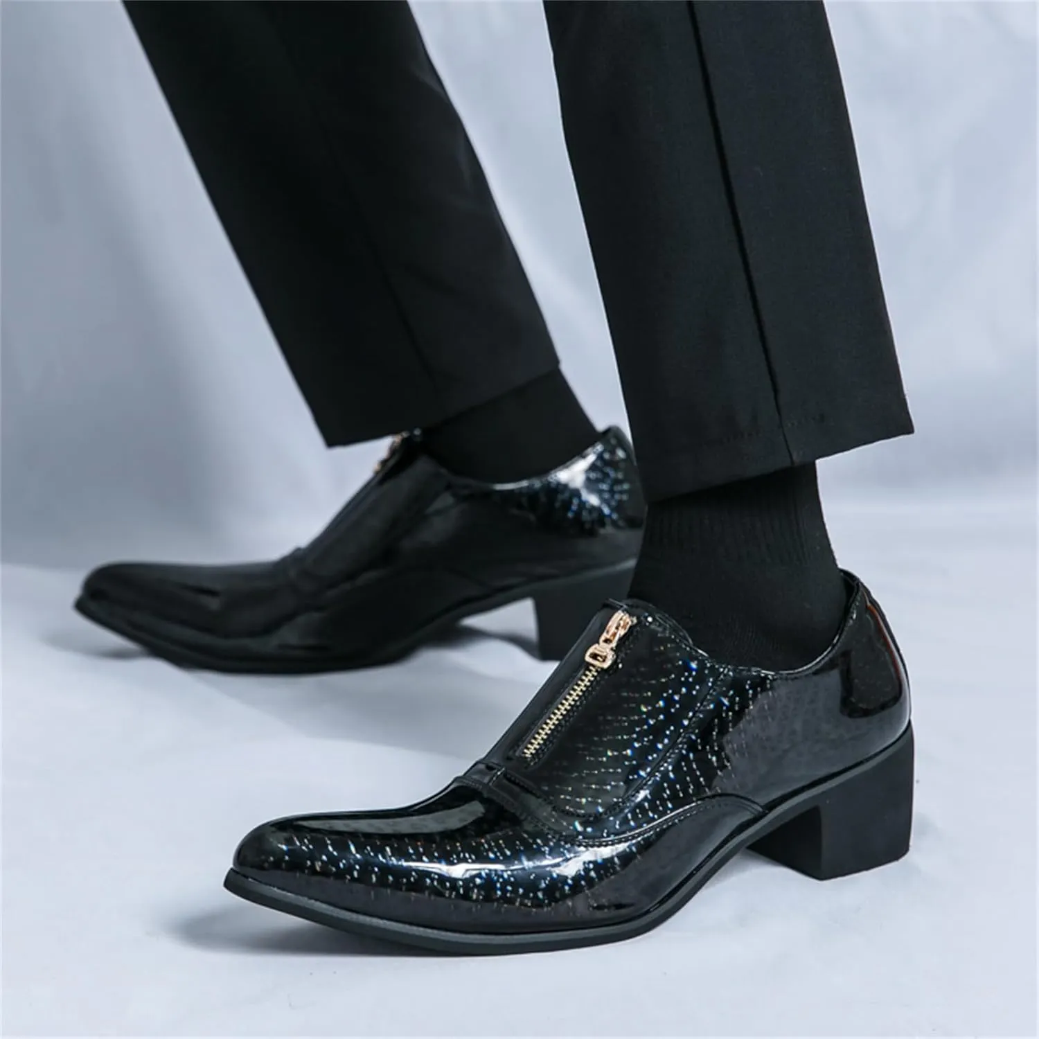 Men's Chunky Heels Patent Leather Dress Loafers with Front Zipper Luxury Wing Tip Tuxedo Formal Oxford Derby Shoes