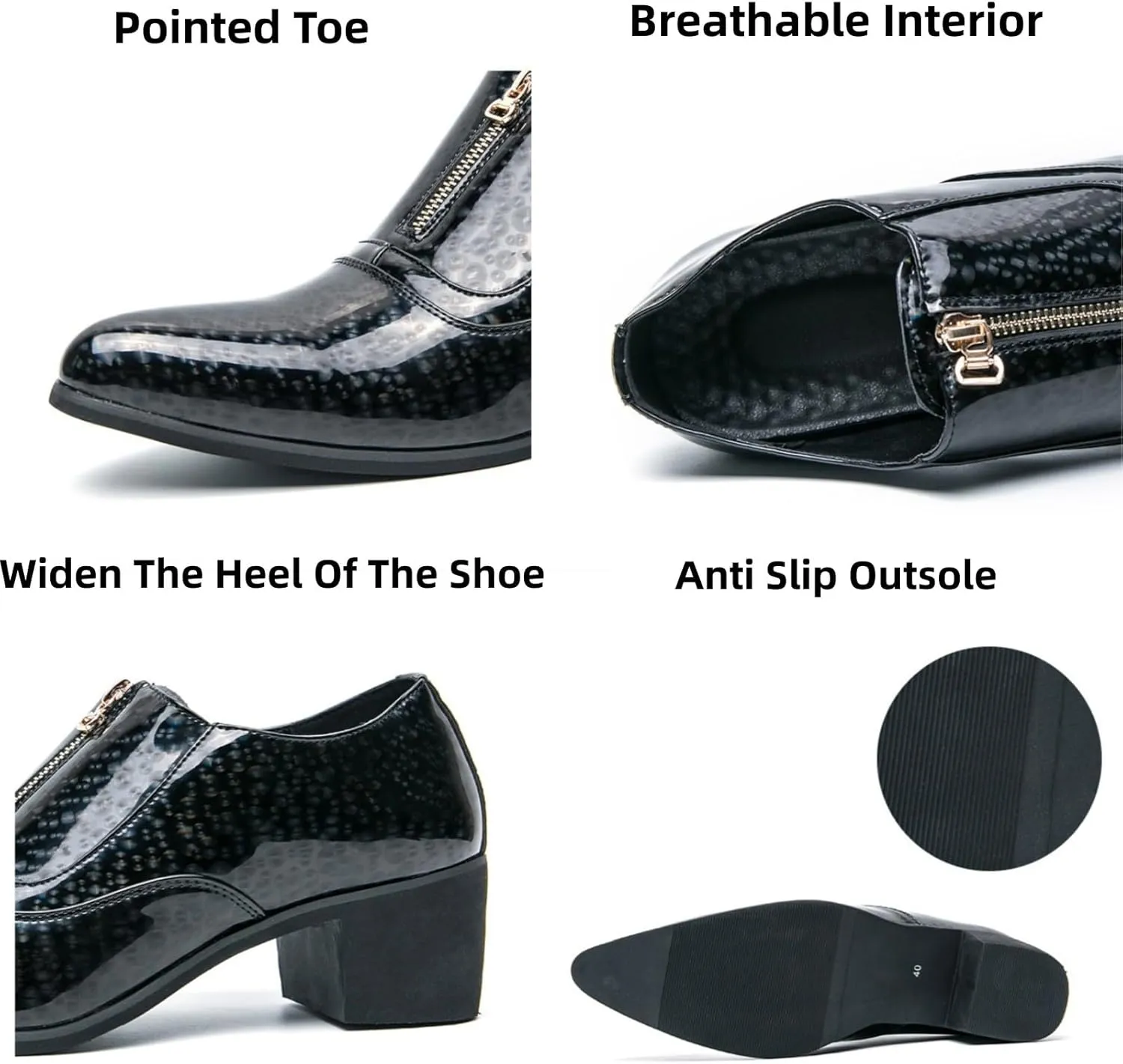 Men's Chunky Heels Patent Leather Dress Loafers with Front Zipper Luxury Wing Tip Tuxedo Formal Oxford Derby Shoes