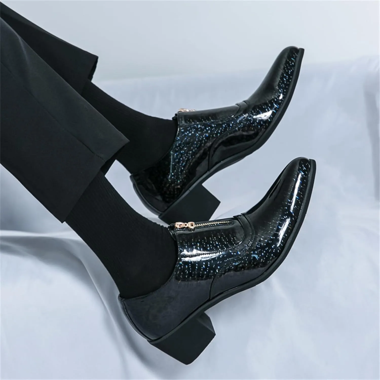Men's Chunky Heels Patent Leather Dress Loafers with Front Zipper Luxury Wing Tip Tuxedo Formal Oxford Derby Shoes