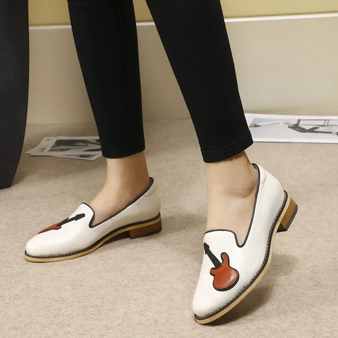 Mona flying Women's Leather Penny Loafers Slip On Flats Office Ladies Casual Shoes