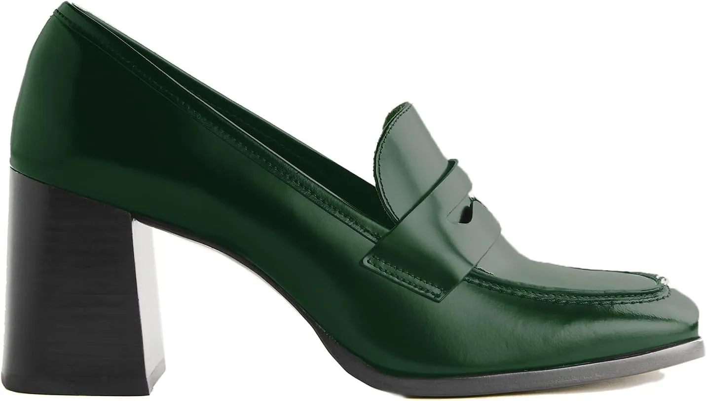MOOMMO Women Chunky Block High Heel Pumps Square Toe Slip On Loafer Pumps Matte Classic 3 inch High Thick Heel Penny Loafers Oxford Dress Shoes Office Ladies Business Formal Basic 4-11 M US