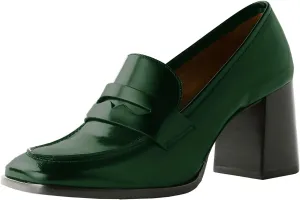 MOOMMO Women Chunky Block High Heel Pumps Square Toe Slip On Loafer Pumps Matte Classic 3 inch High Thick Heel Penny Loafers Oxford Dress Shoes Office Ladies Business Formal Basic 4-11 M US