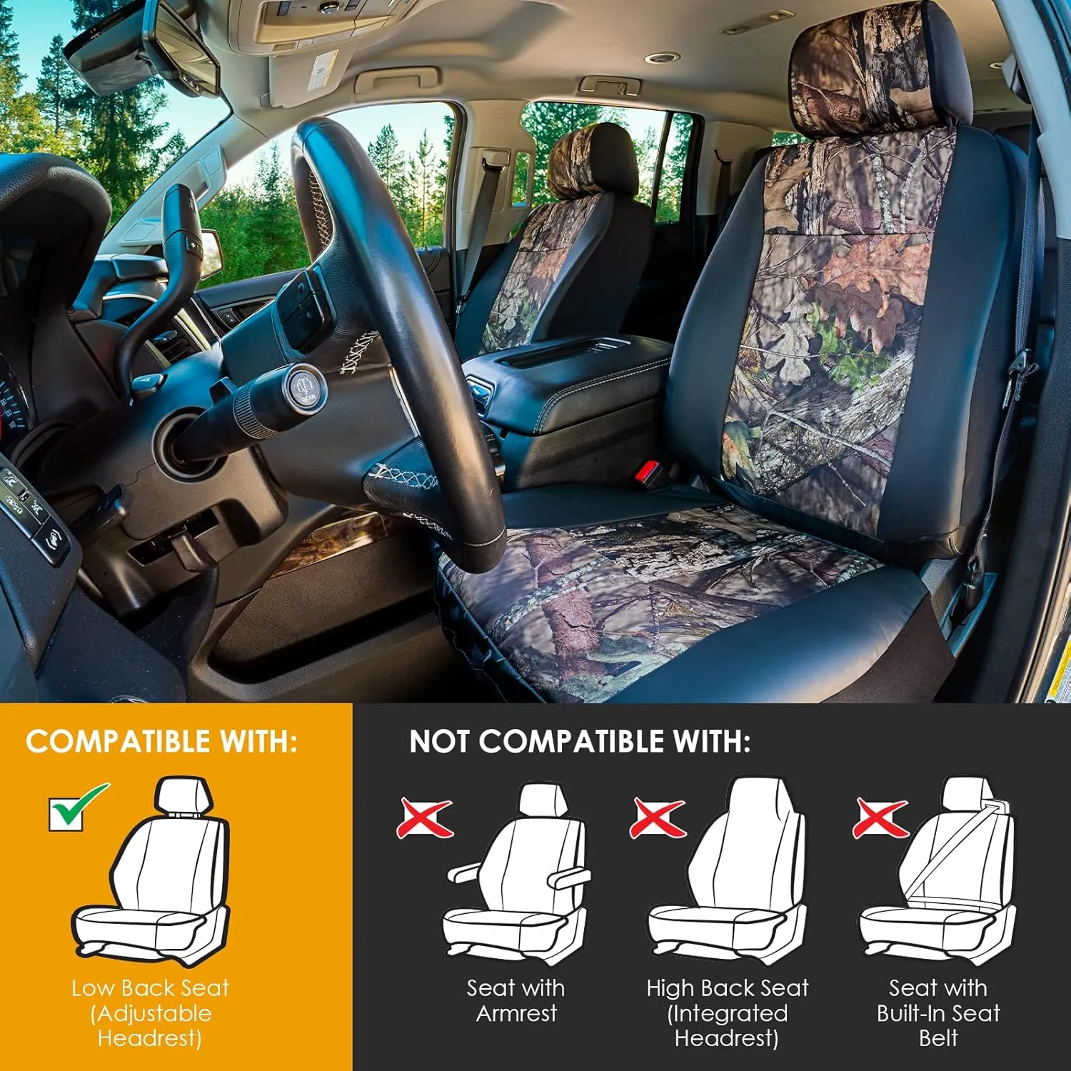 Mossy Oak Heavy Duty Seat Covers for Front Seats; Fits Full-Size SUV or Truck; Includes Front and Rear Storage Pockets, Built-in Molle Style Organizer; Semi-Custom Fit; 2pcs