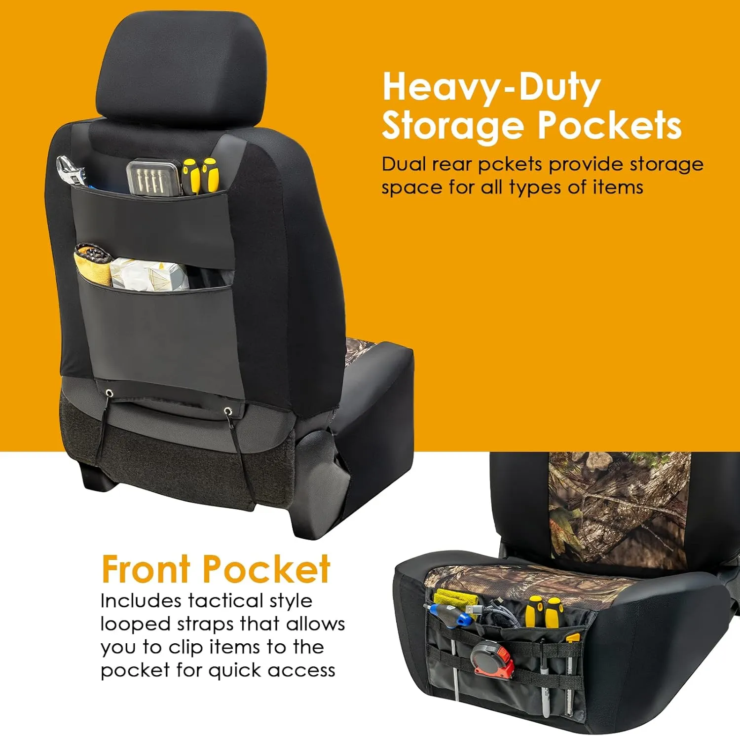 Mossy Oak Heavy Duty Seat Covers for Front Seats; Fits Full-Size SUV or Truck; Includes Front and Rear Storage Pockets, Built-in Molle Style Organizer; Semi-Custom Fit; 2pcs