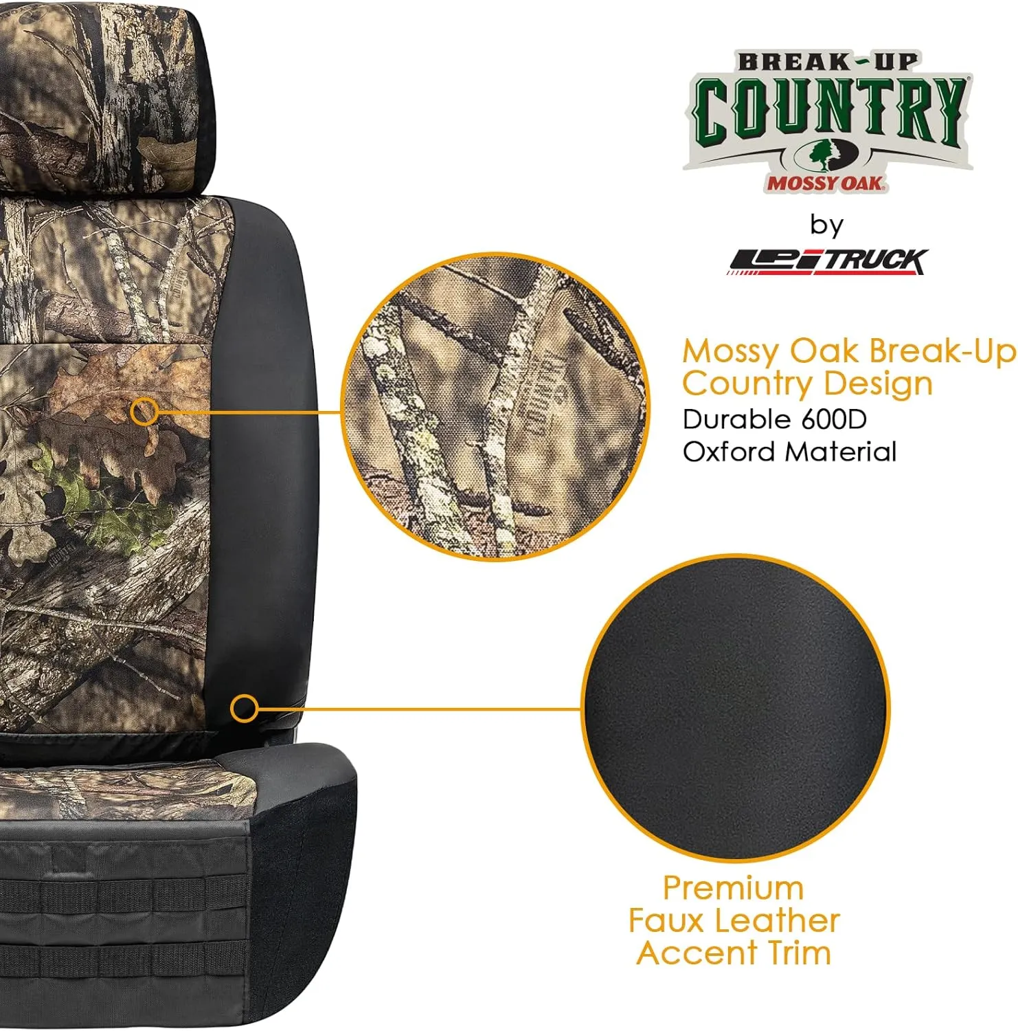 Mossy Oak Heavy Duty Seat Covers for Front Seats; Fits Full-Size SUV or Truck; Includes Front and Rear Storage Pockets, Built-in Molle Style Organizer; Semi-Custom Fit; 2pcs