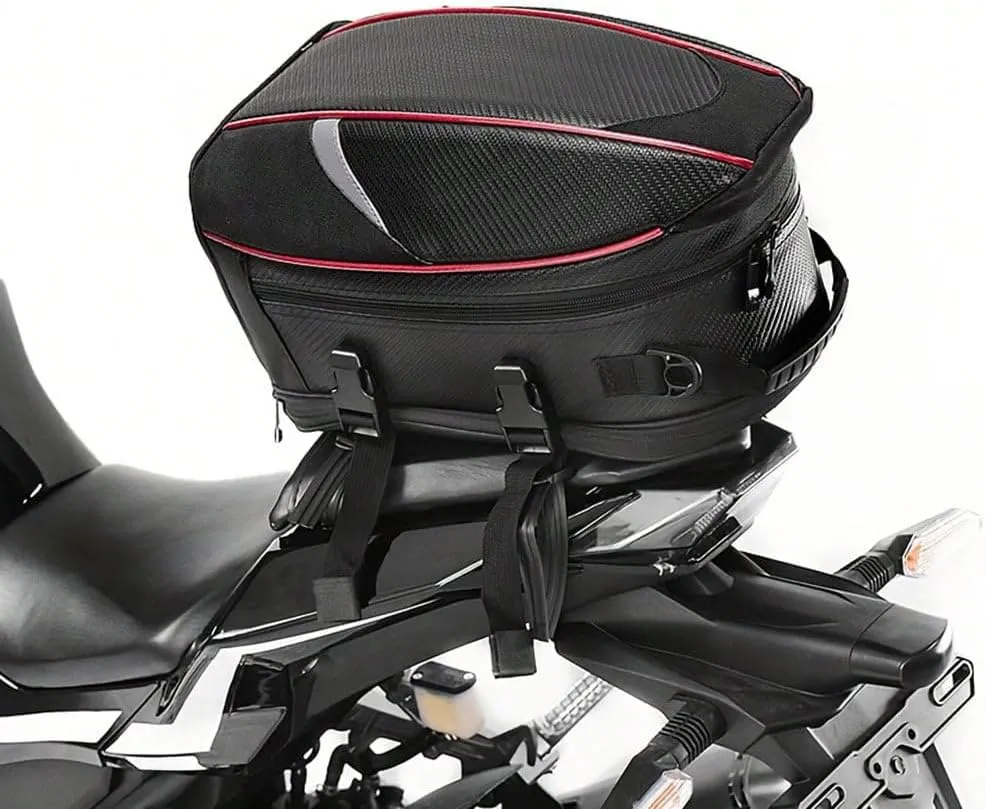 Motorcycle Tail Bag for Benelli 302 R 2019, Large Capacity Water-Resistant Wear-Resistant Motorcycle Helmet Bag, Expandable Rear Seat Storage Luggage Backpack,A Red Black