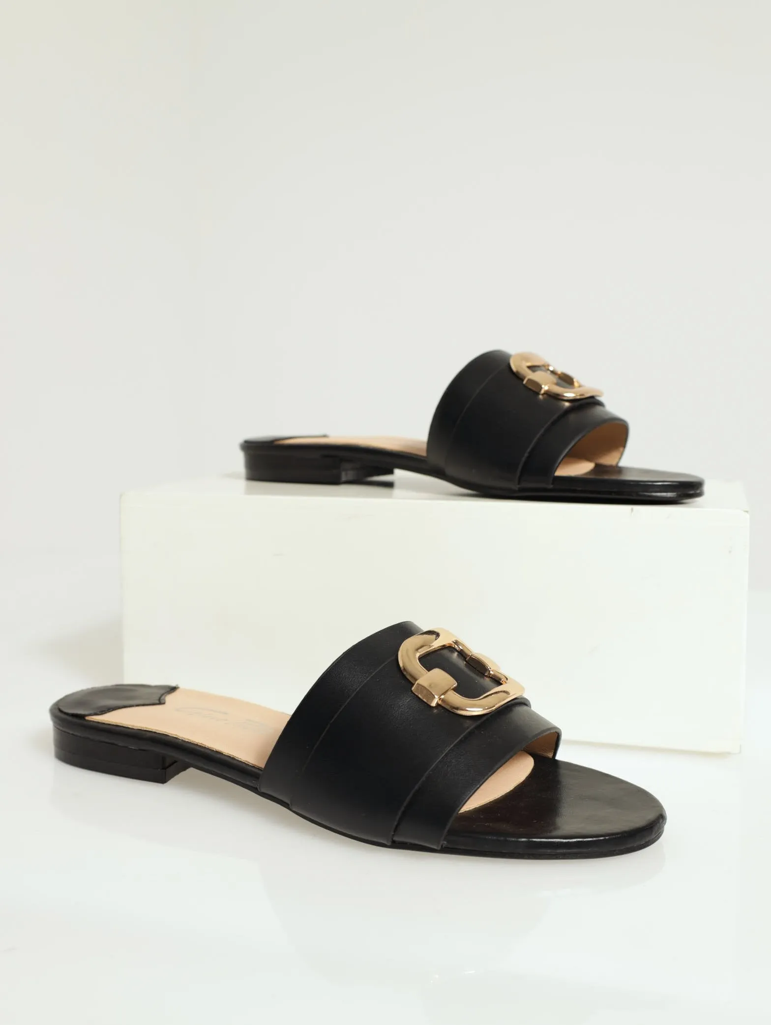 Natasha Buckle Trim Mule Flat Sandal - Black