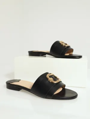 Natasha Buckle Trim Mule Flat Sandal - Black