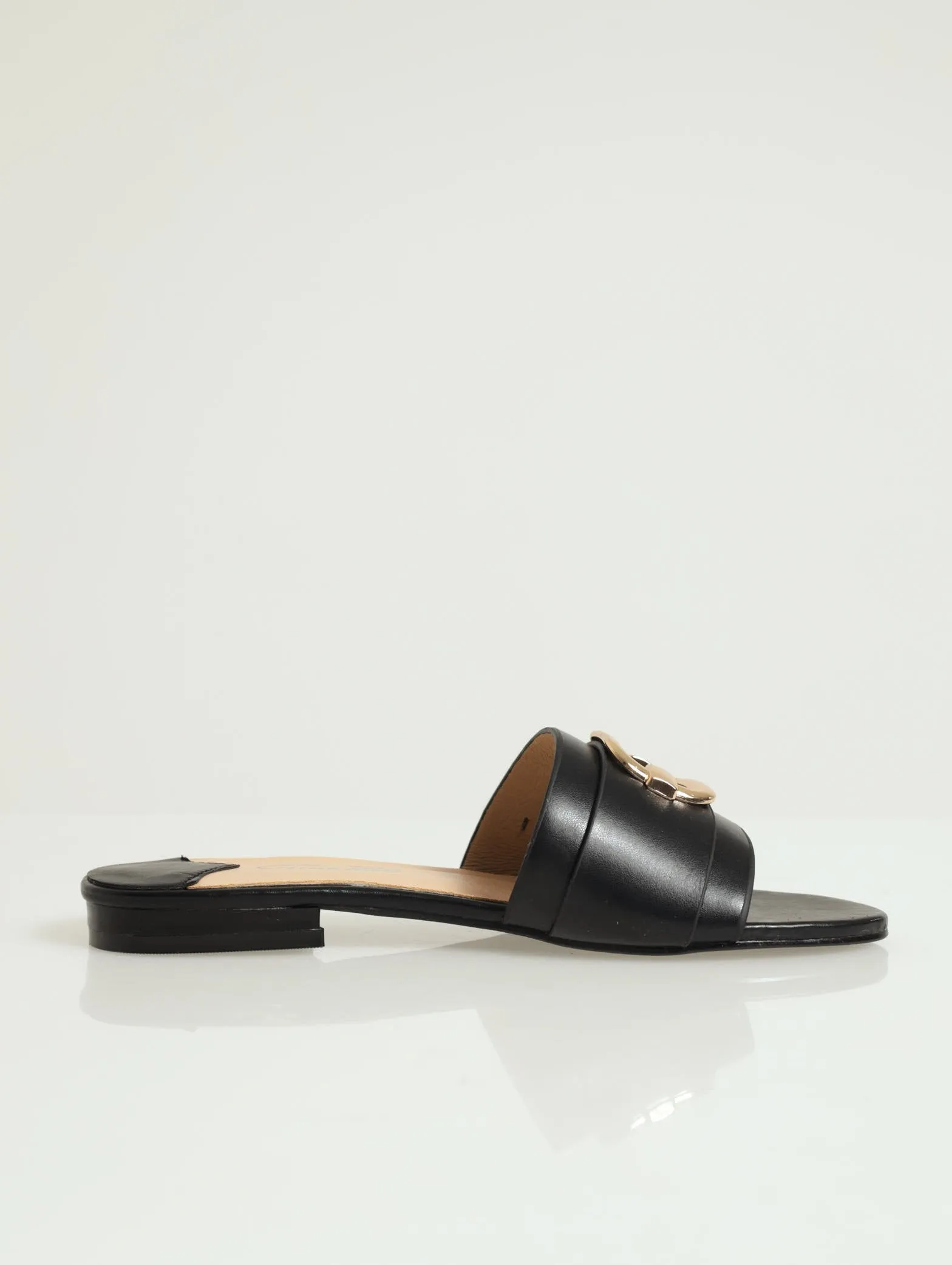 Natasha Buckle Trim Mule Flat Sandal - Black