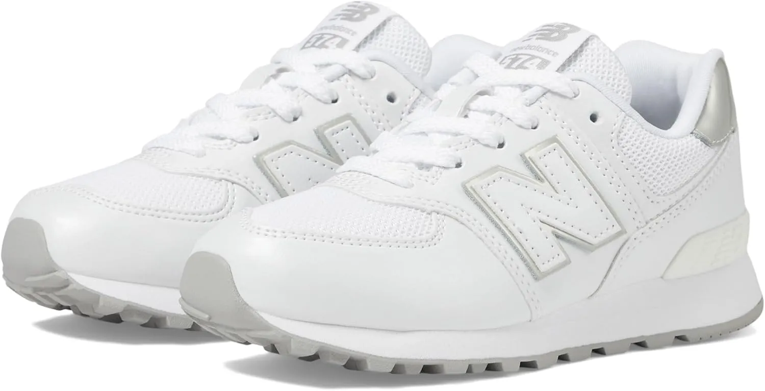 New Balance Kids 574 V1 70s Racing Lace-up Sneaker, White/Silver Metalic, 12 Wide US Unisex Little