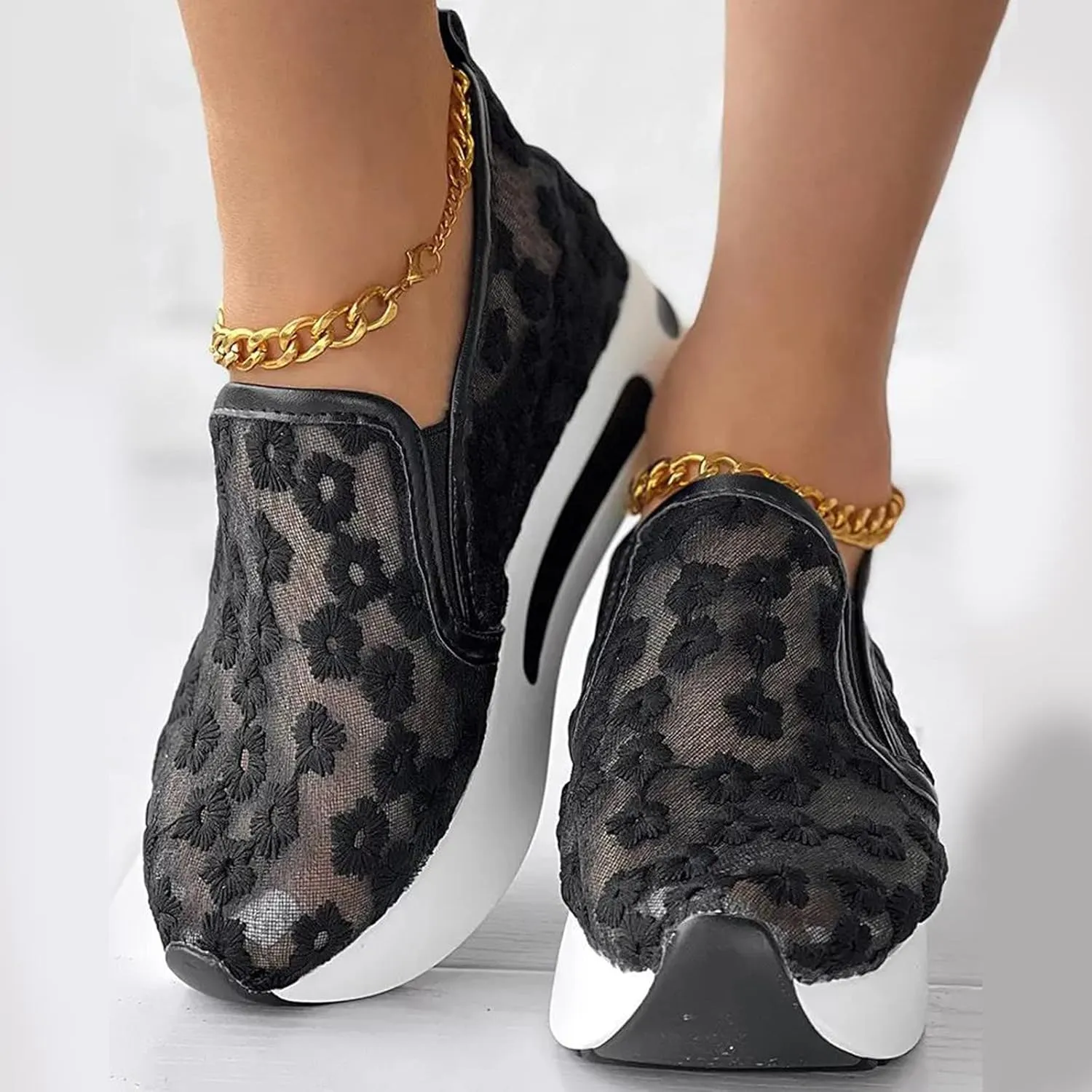 Ohxixhia Wedge Floral Walking Shoes Embroidery Floral Mesh Lace Chunky Sneakers Slip On Arch Support Shoes Fashion Sneakers
