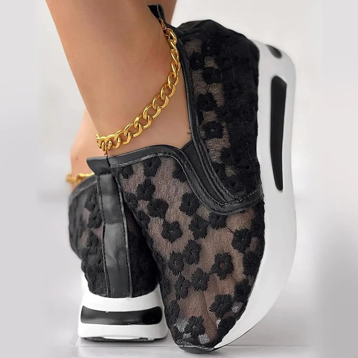 Ohxixhia Wedge Floral Walking Shoes Embroidery Floral Mesh Lace Chunky Sneakers Slip On Arch Support Shoes Fashion Sneakers