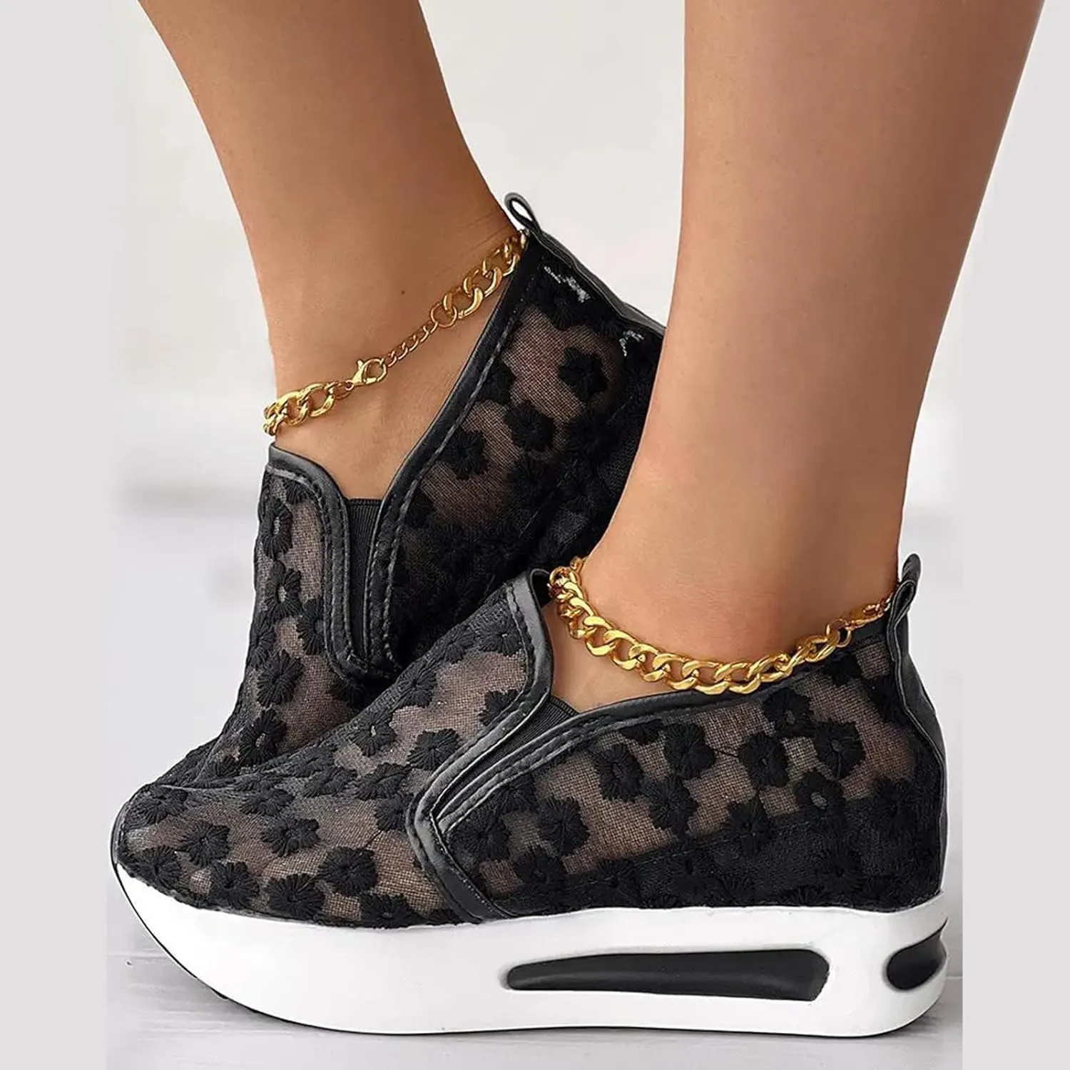 Ohxixhia Wedge Floral Walking Shoes Embroidery Floral Mesh Lace Chunky Sneakers Slip On Arch Support Shoes Fashion Sneakers