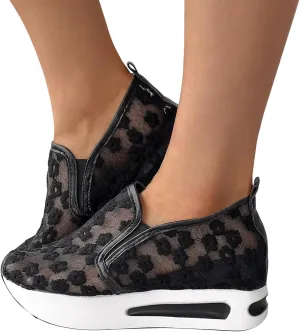 Ohxixhia Wedge Floral Walking Shoes Embroidery Floral Mesh Lace Chunky Sneakers Slip On Arch Support Shoes Fashion Sneakers