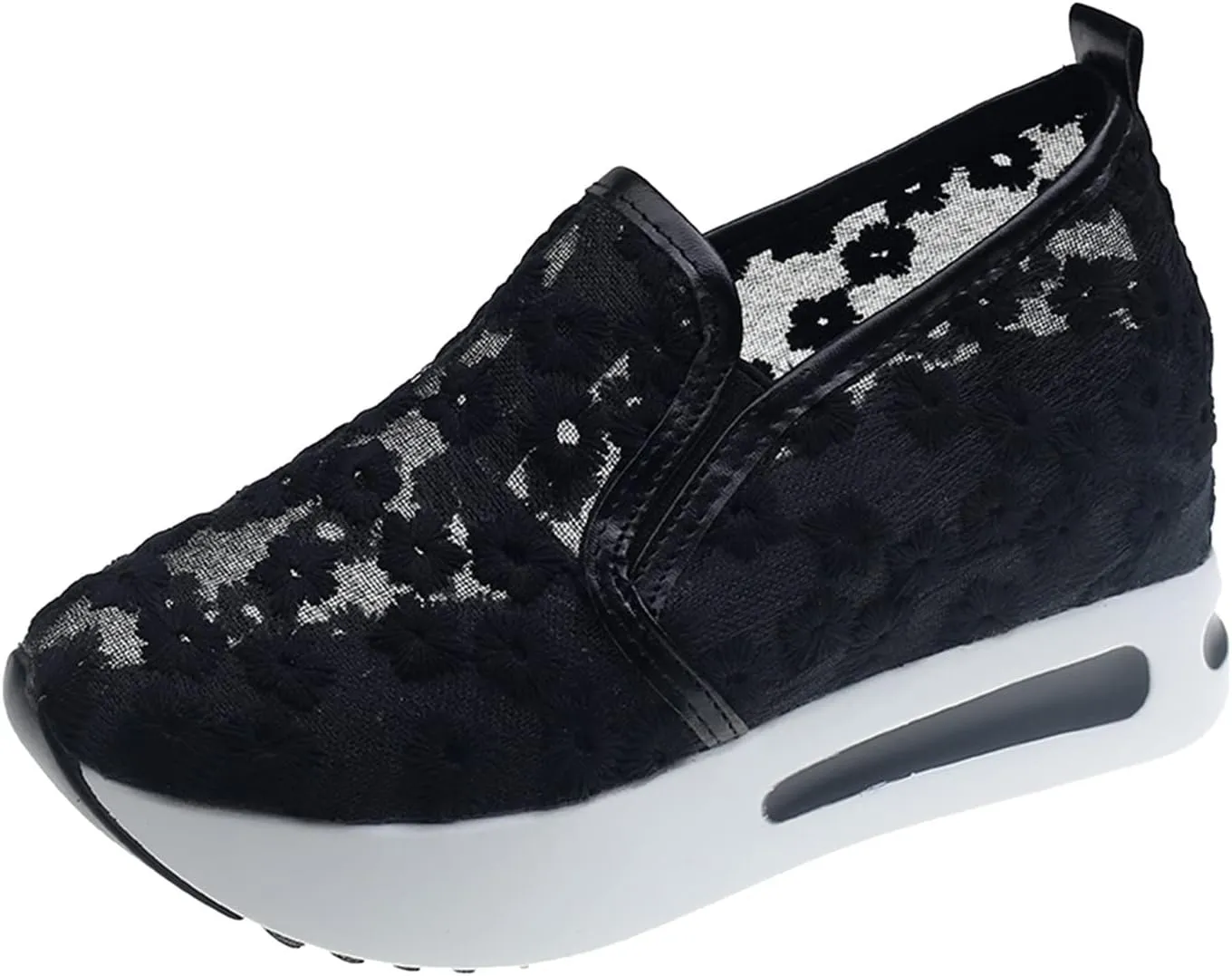 Ohxixhia Wedge Floral Walking Shoes Embroidery Floral Mesh Lace Chunky Sneakers Slip On Arch Support Shoes Fashion Sneakers