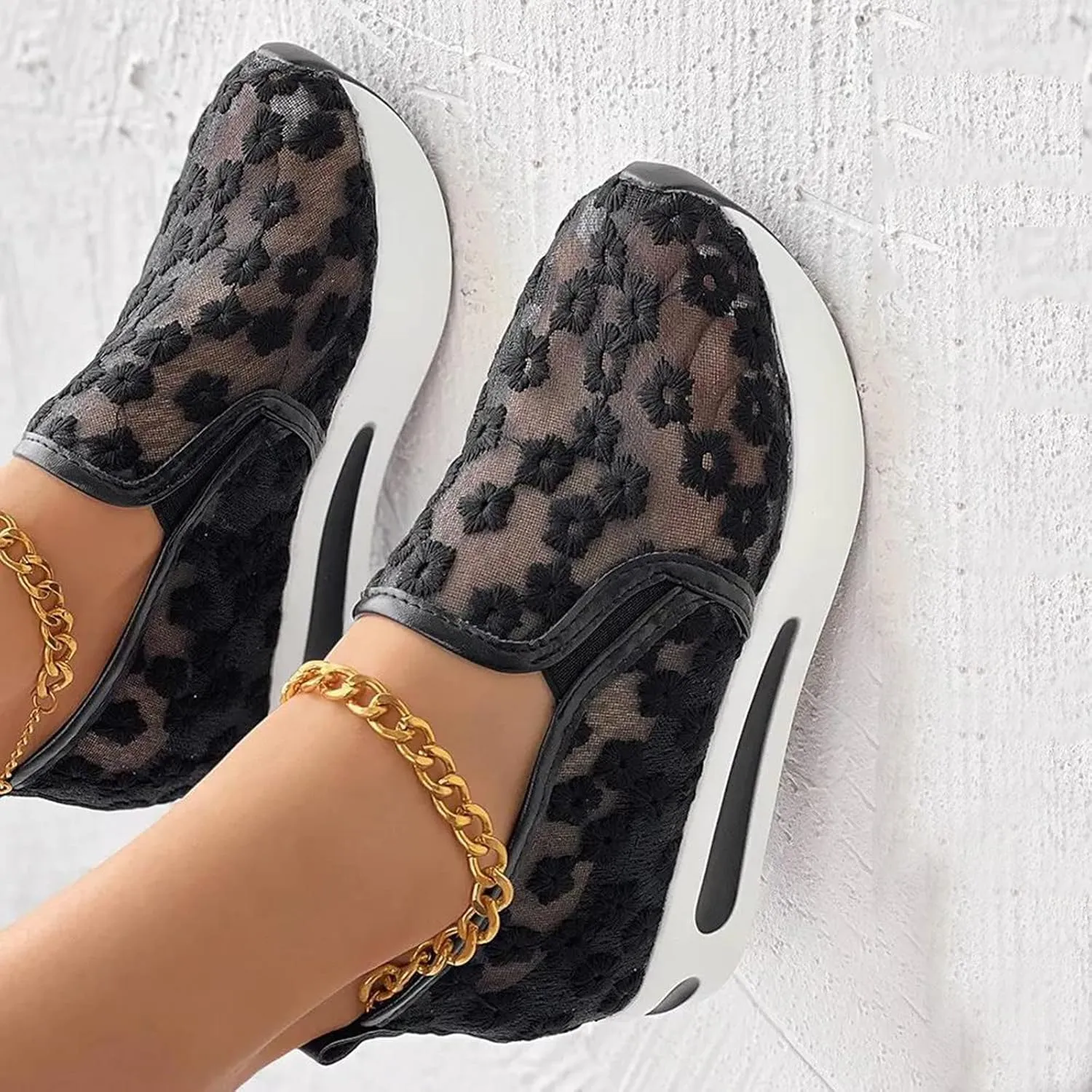 Ohxixhia Wedge Floral Walking Shoes Embroidery Floral Mesh Lace Chunky Sneakers Slip On Arch Support Shoes Fashion Sneakers