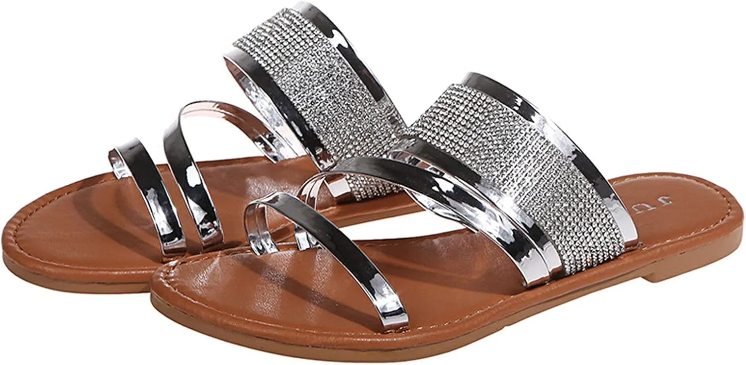 oiangi Summer Flat Sandals for Women Casual Fashion Glossy Straps Open Toe Slip-on Slipper Lightweight Comfortable Daily Shoes Flip Flops Sandalias