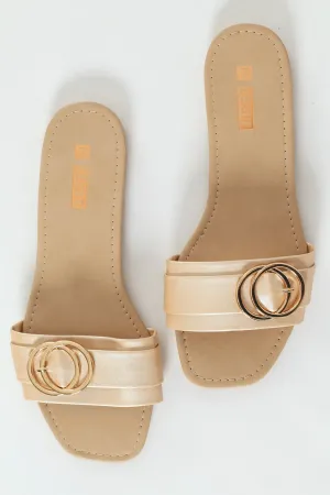 One Strap Round Buckle Metallic Mule Sandal - Gold