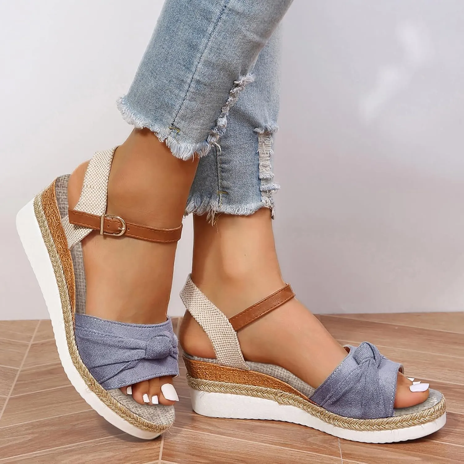 Orthopedic Wedge Sandals for Women Summer Platform Sandals Dressy Open Toe Ankle Strap Casual Low Heel Slip on Sandals Beach Dress Sandals Espadrille Sandals Comfortable Outdoor Shoes (04-Grey, 8)