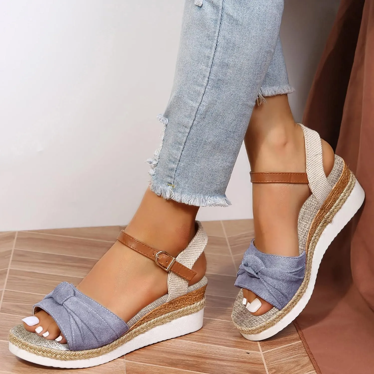 Orthopedic Wedge Sandals for Women Summer Platform Sandals Dressy Open Toe Ankle Strap Casual Low Heel Slip on Sandals Beach Dress Sandals Espadrille Sandals Comfortable Outdoor Shoes (04-Grey, 8)