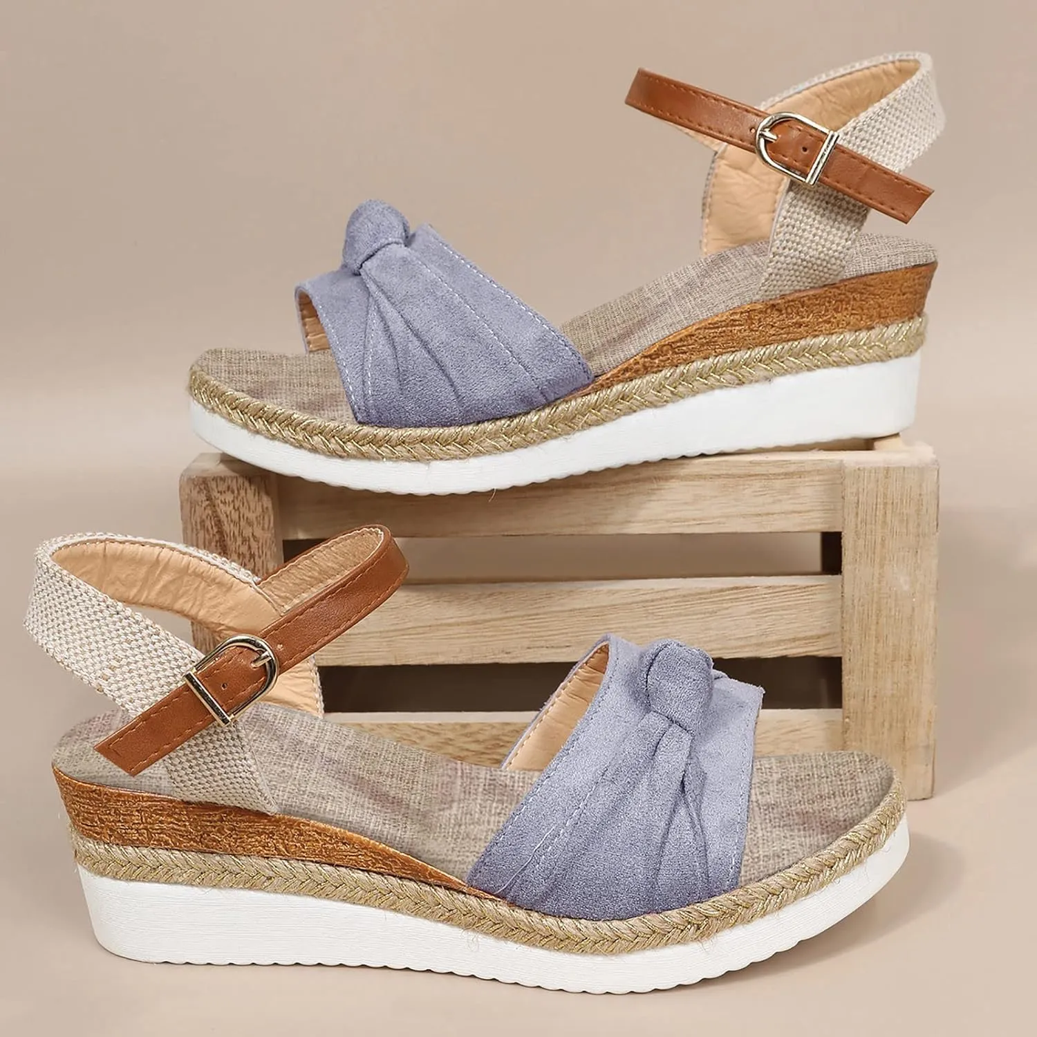 Orthopedic Wedge Sandals for Women Summer Platform Sandals Dressy Open Toe Ankle Strap Casual Low Heel Slip on Sandals Beach Dress Sandals Espadrille Sandals Comfortable Outdoor Shoes (04-Grey, 8)