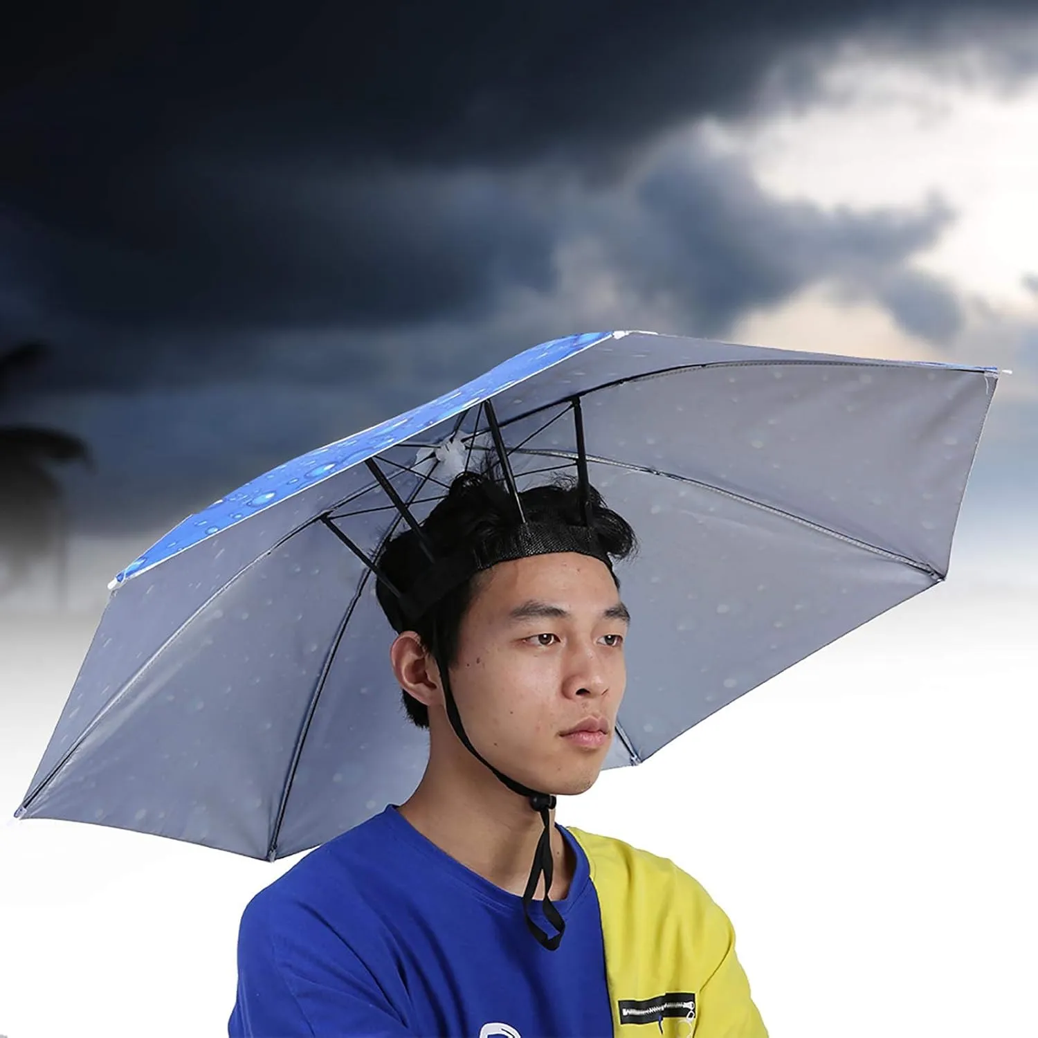 OUKENS Umbrella Hat, 30 inch Oversize Head-Mounted Umbrella Cap Anti-UV Waterproof Headwear Umbrella Hat Folding Sun Rain Cap for Fishing Gardening Golf Sunshade Outdoor(Raindrop Blue)