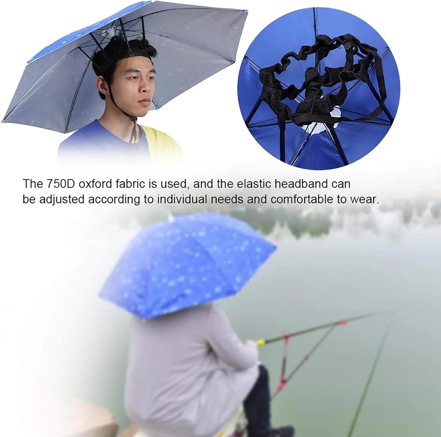 OUKENS Umbrella Hat, 30 inch Oversize Head-Mounted Umbrella Cap Anti-UV Waterproof Headwear Umbrella Hat Folding Sun Rain Cap for Fishing Gardening Golf Sunshade Outdoor(Raindrop Blue)