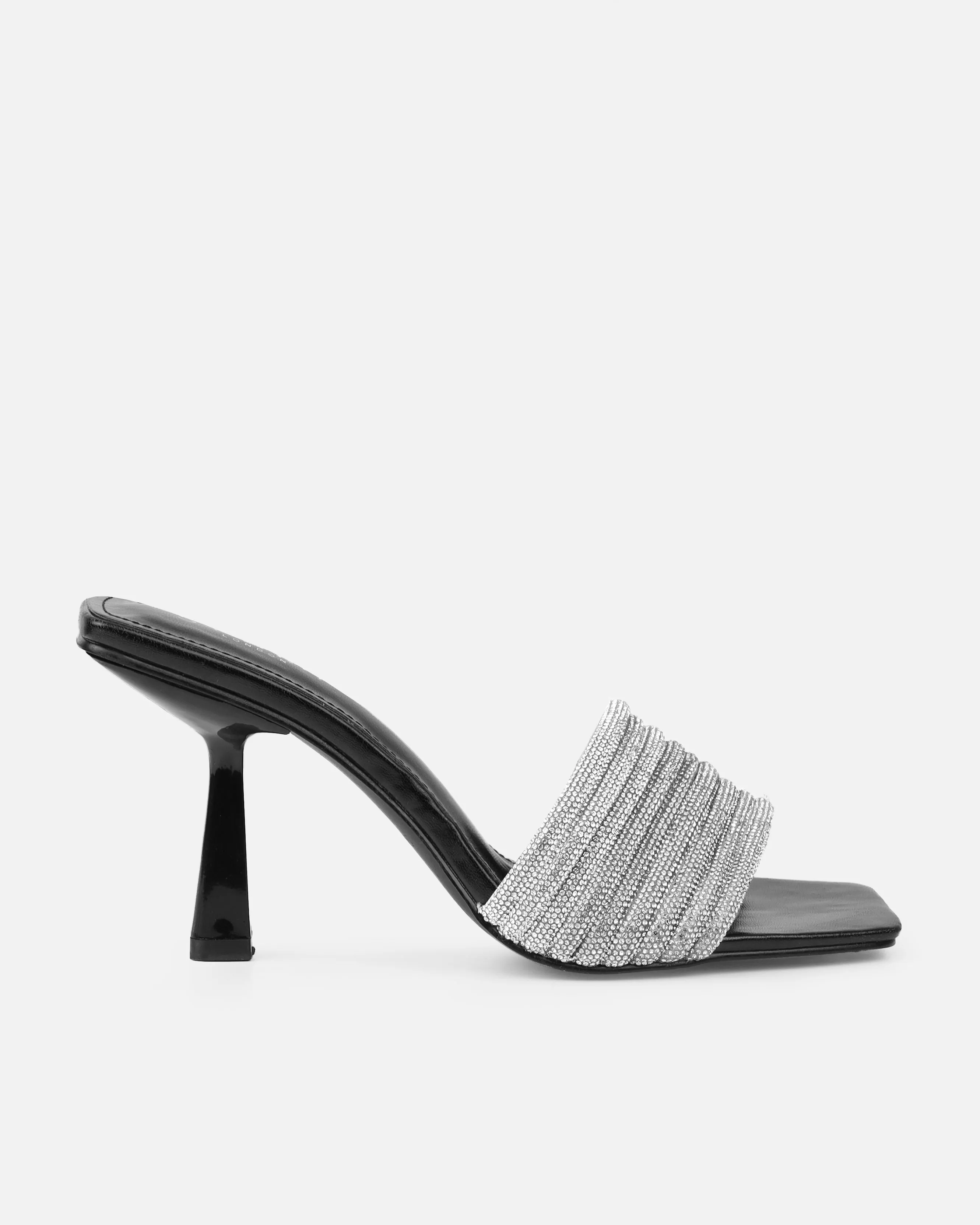 Paisley Black Diamante Strappy Mid Heel Mules