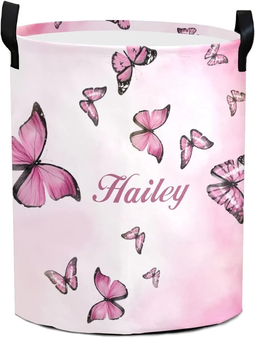 Pink Butterflies Personalized Waterproof Foldable Laundry Basket Bag with Handle, Custom Collapsible Clothes Hamper Storage Bin for Toys Laundry Dorm Travel Bathroom