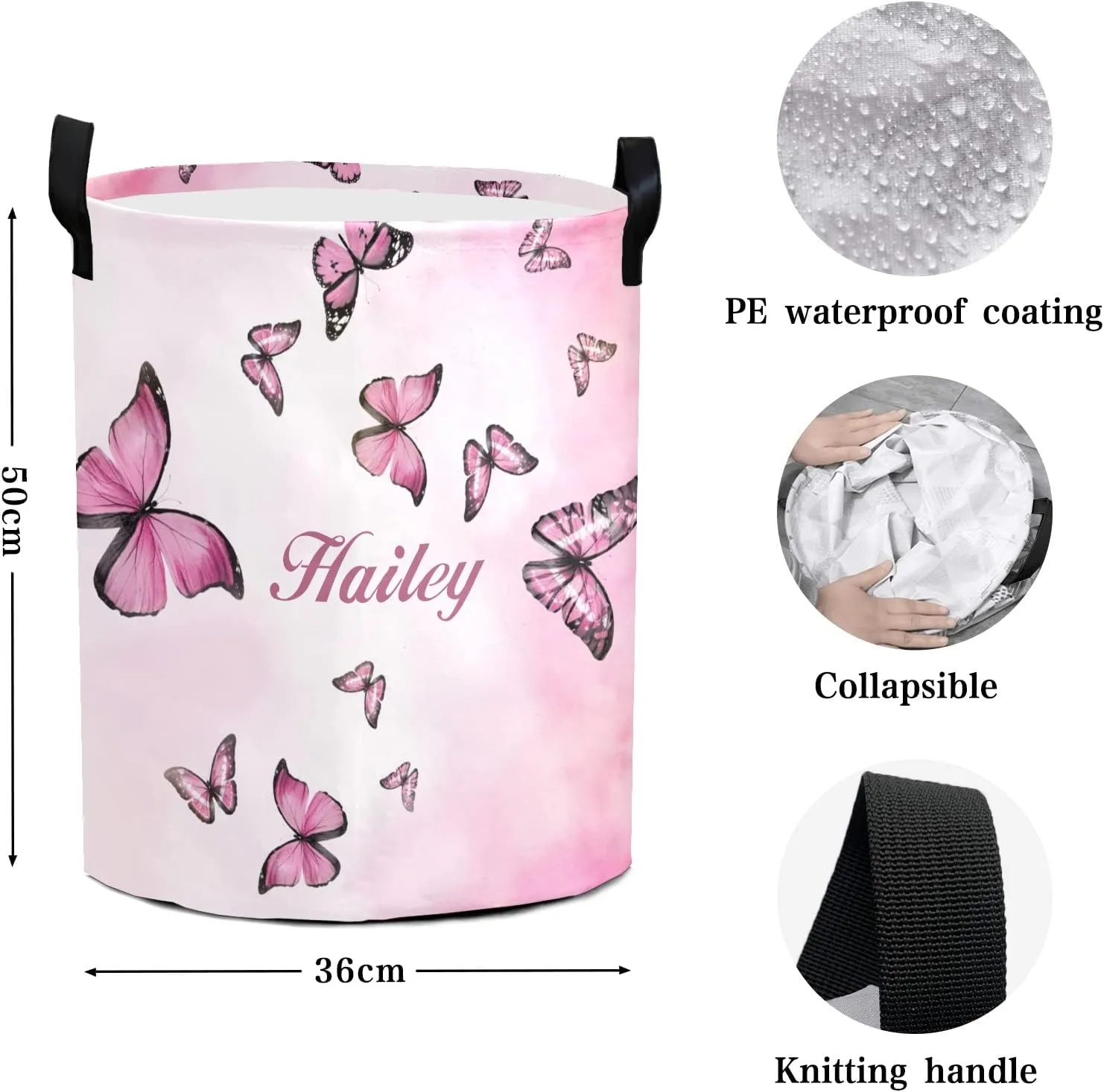Pink Butterflies Personalized Waterproof Foldable Laundry Basket Bag with Handle, Custom Collapsible Clothes Hamper Storage Bin for Toys Laundry Dorm Travel Bathroom