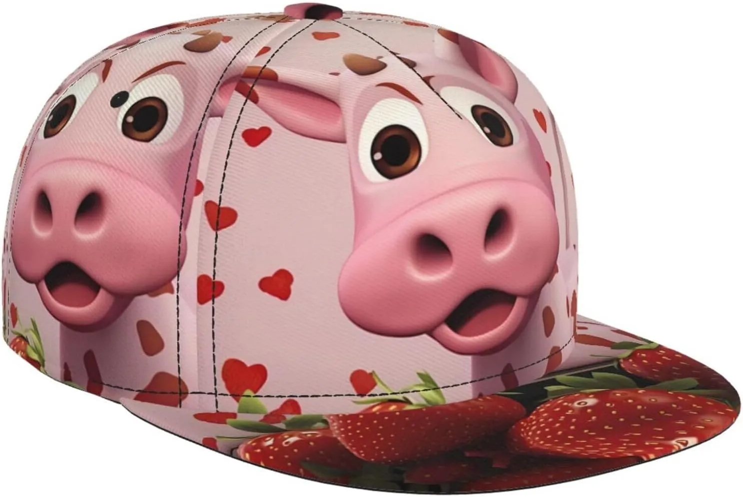 Pink Cow with Strawberries Outdoor Sports Baseball Cap, Daily Sports Adjustable Fashionable Flat Brim hat, Unisex Four-Season Outdoor Sports Cap,