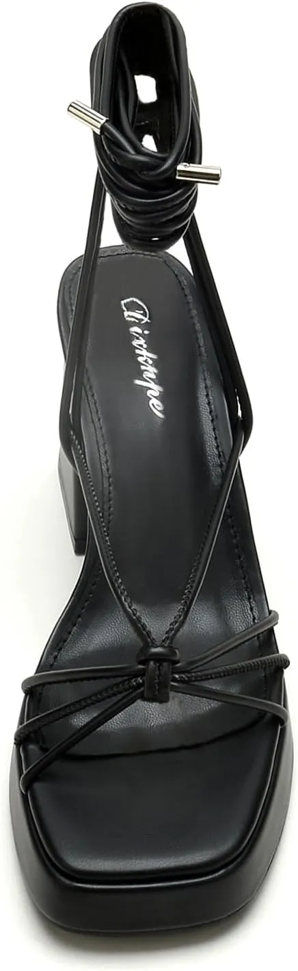Platform Strappy Heels For Women 3.5 Inch Strappy Heeled Sandals Lace Up Square Open Toe Chunky Blcok Sandals Shoes For Party Prom Date Sandal Heels For Women