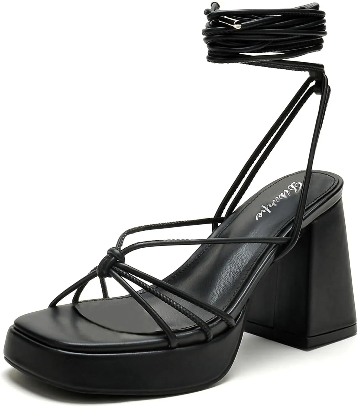 Platform Strappy Heels For Women 3.5 Inch Strappy Heeled Sandals Lace Up Square Open Toe Chunky Blcok Sandals Shoes For Party Prom Date Sandal Heels For Women